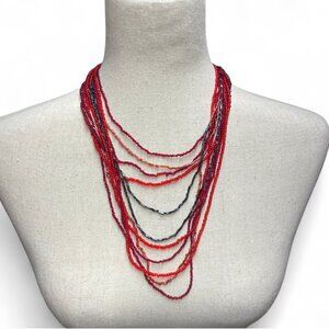 Multi-Strand Gothic Red & Gray Beaded Festival Necklace Maximalist Y2K Accessory